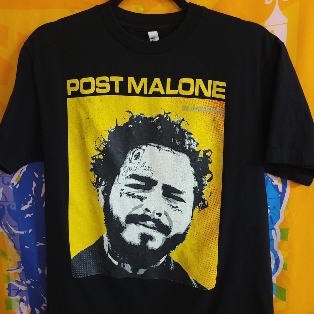 Post Malone black cotton t-shirt with graphic of Post Malone's face on yellow ba